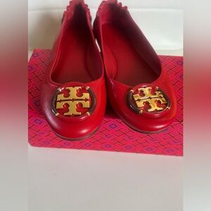 Tory Burch Red Leather Flats with Gold Logo